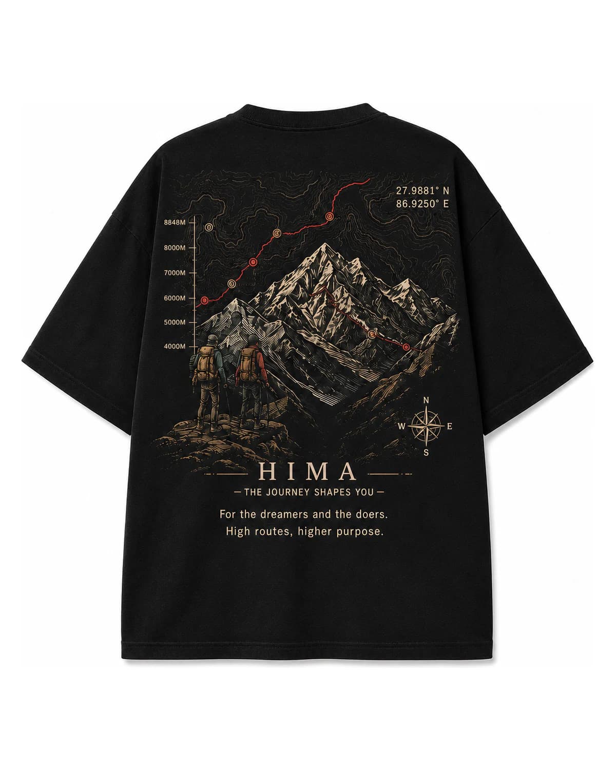 Back of the black High Routes Tee with mountain contours and trekking artwork