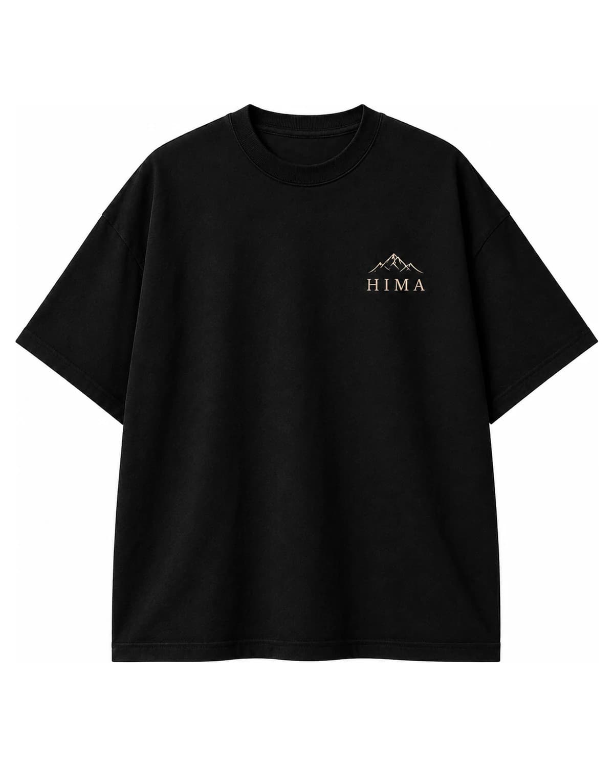 Front of the black High Routes Tee with a small Hima logo